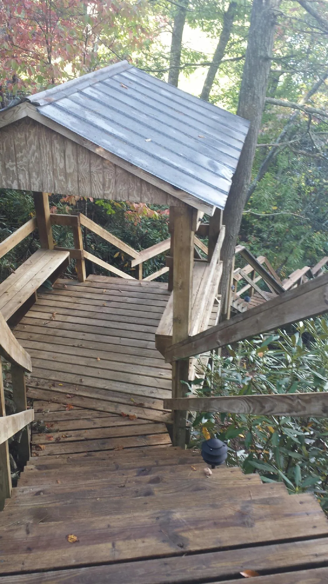 Metal roofed shelter over wooden steps on a wooded walkway — Skylight Repair & Installation work by our crew in Alma